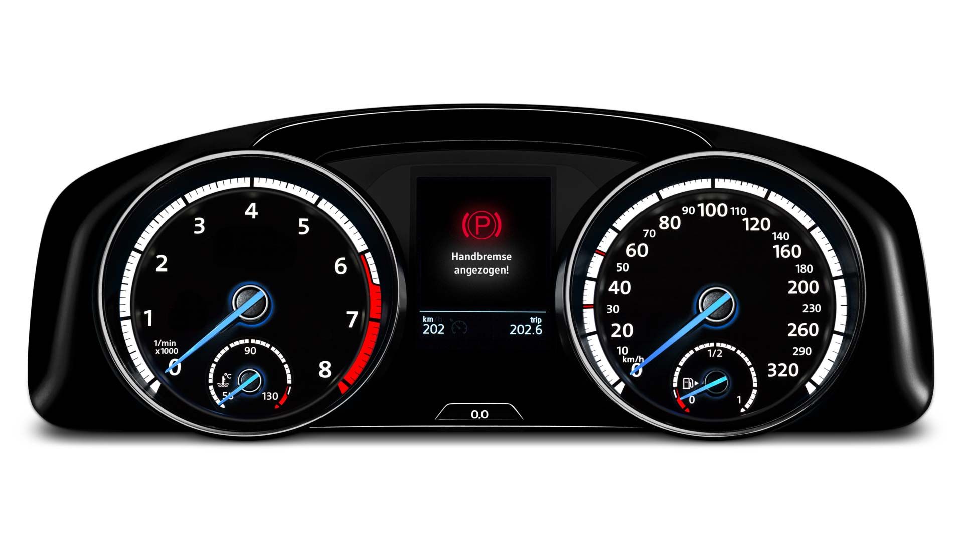 Auf dem Display eines VW wird der Hinweis "Handbremse angezogen" angezeigt.
